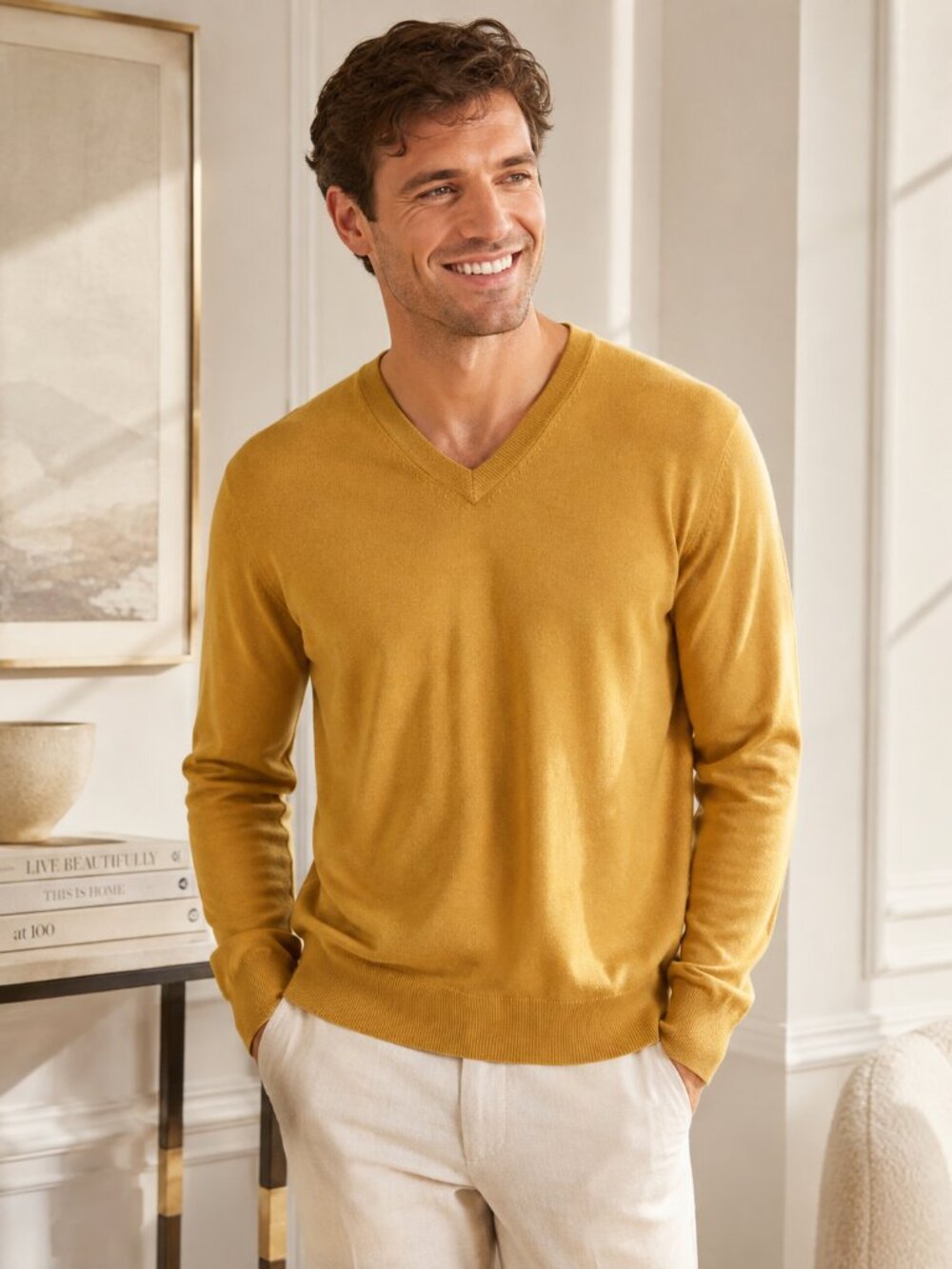 Alan Flusser 100% Merino Wool V-Neck Sweater XL Golden Mustard
